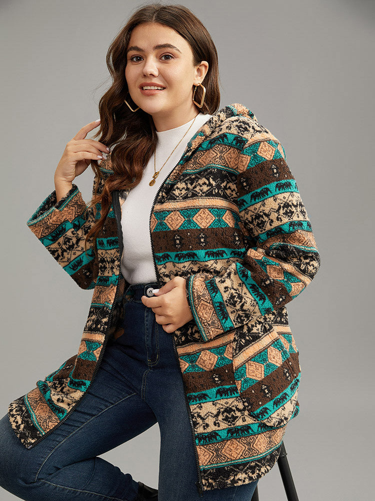 Boho Print Zipper Pocket Hooded Coat