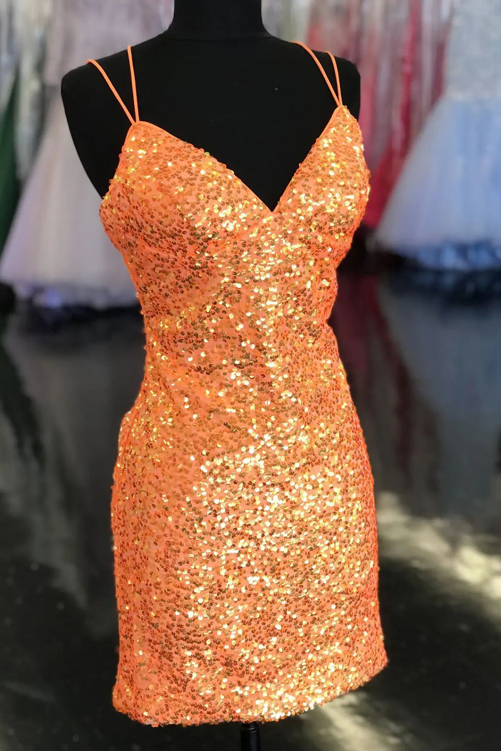 Sparkly Orange Sequined Tight Short Homecoming Dress/Mini Dress
