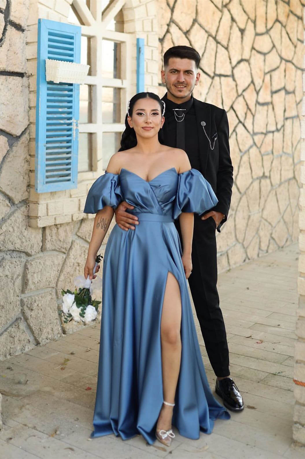 Off-The-Shoulder Dusty Blue Puff Sleeves Evening Dress With Front Split Sweetheart