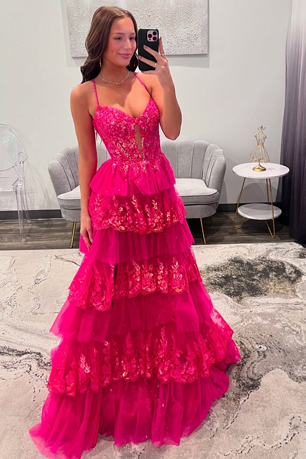 Long Fuchsia Prom Dress with Spaghetti Straps A-Line Silhouette Ruffled Tulle and Side Slit