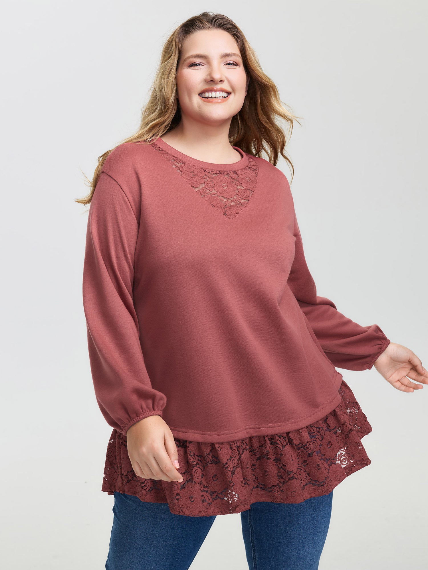 Lace Layered Hem Contrast Sweatshirt