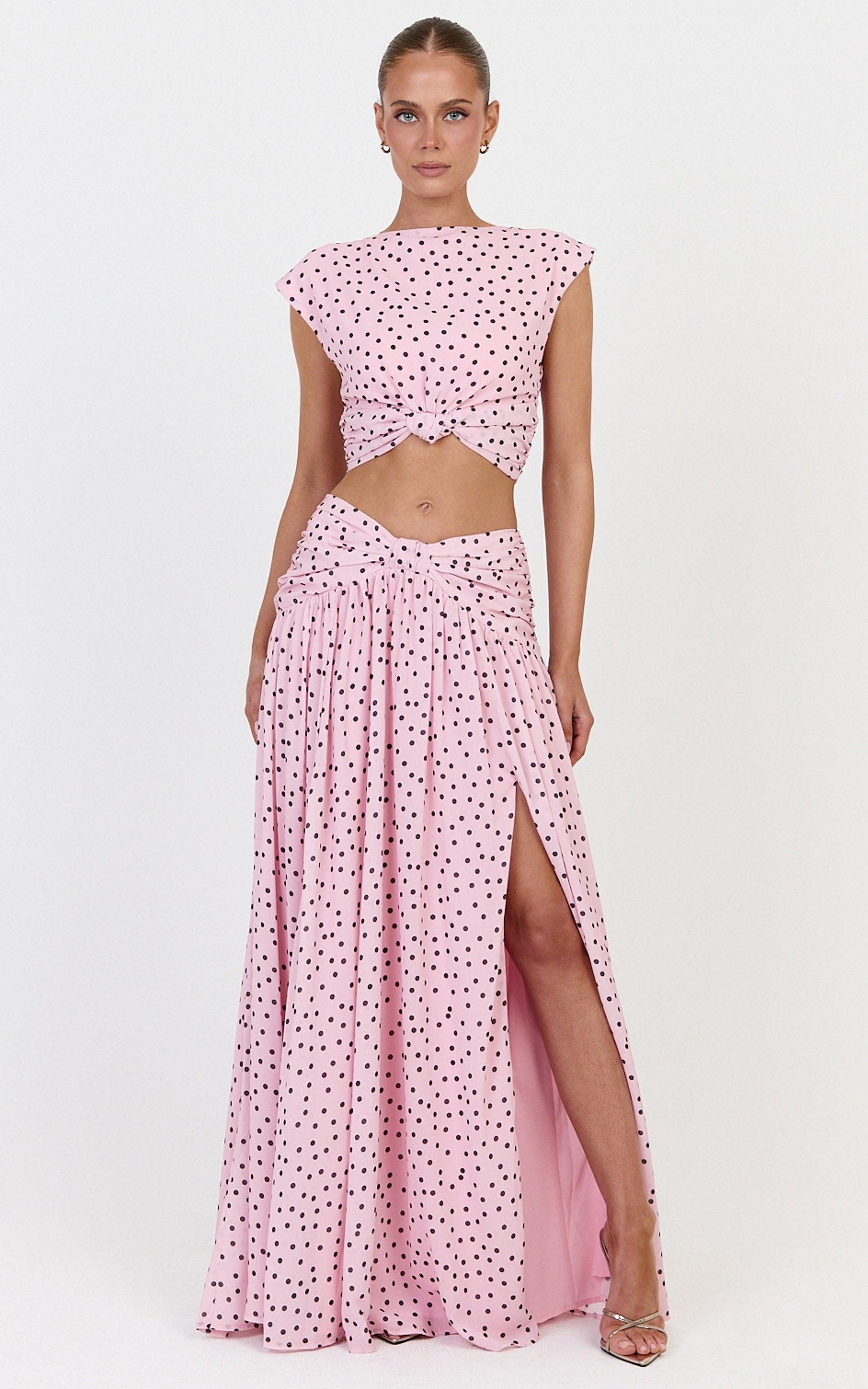 Livia Maxi Skirt - Gathered Waist Knot Detail Split Leg Skirt in Blush Scattered Polka Dot Print