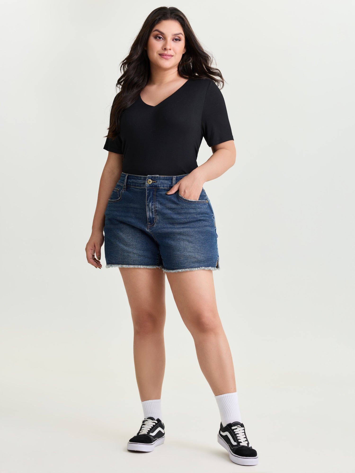 Raw Hem Stretchy Straight-Leg Denim Shorts
