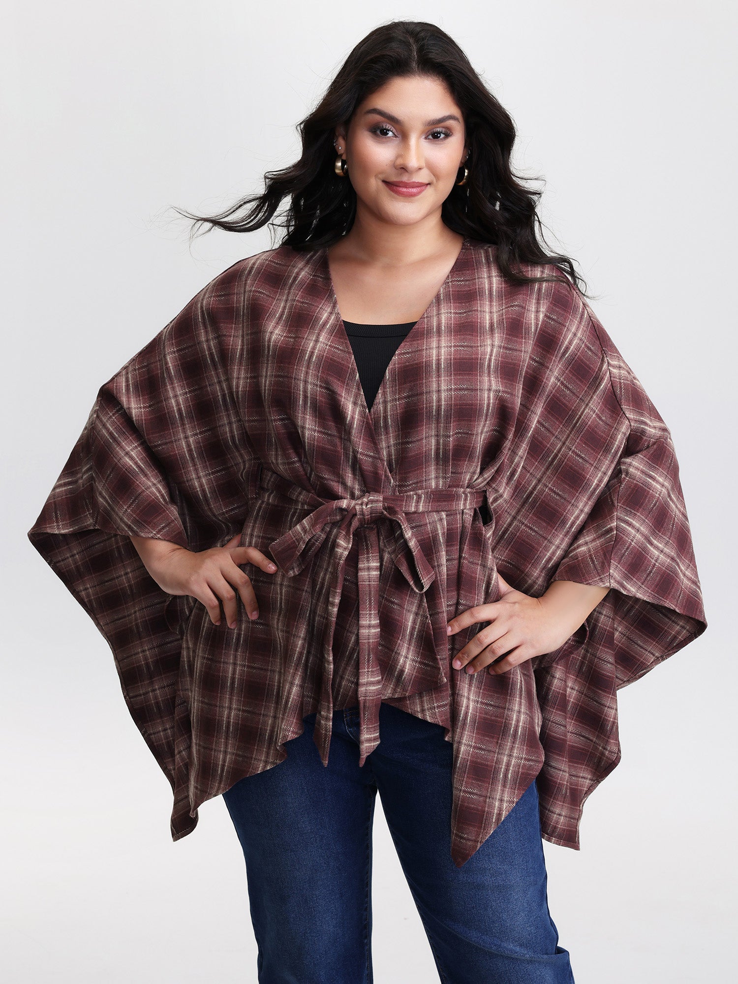 Plaid Asymmetrical Hem Knotted-Front Kimono