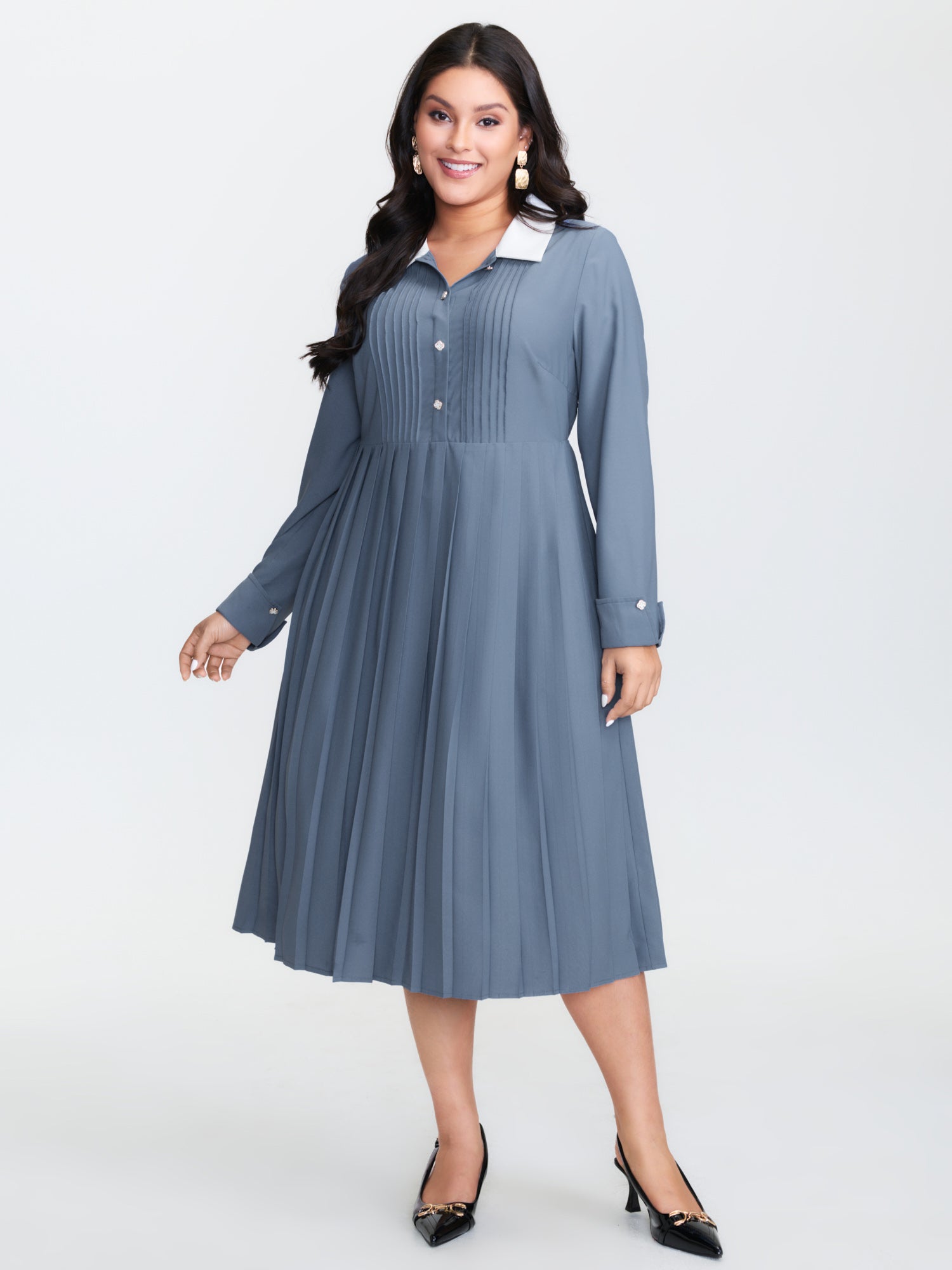 Button Detail Pleated Pockets Midi Dress