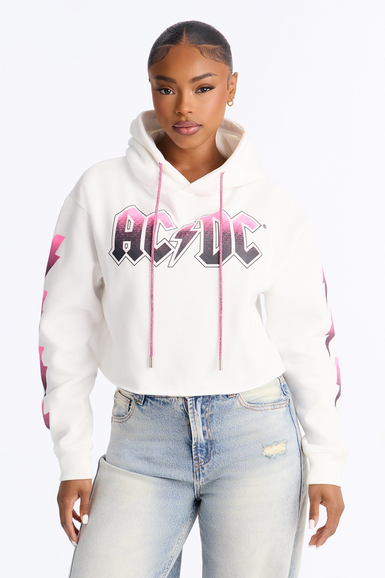 ACDC Cropped Sweatshirt With Rhinestone Drawstrings - White
