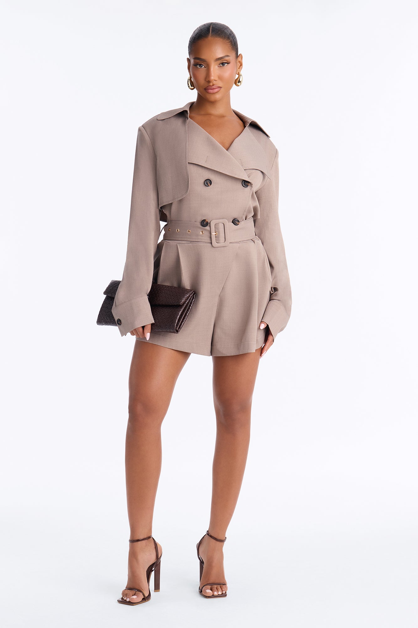 Pretty Powerful Collared Trench Romper - Taupe