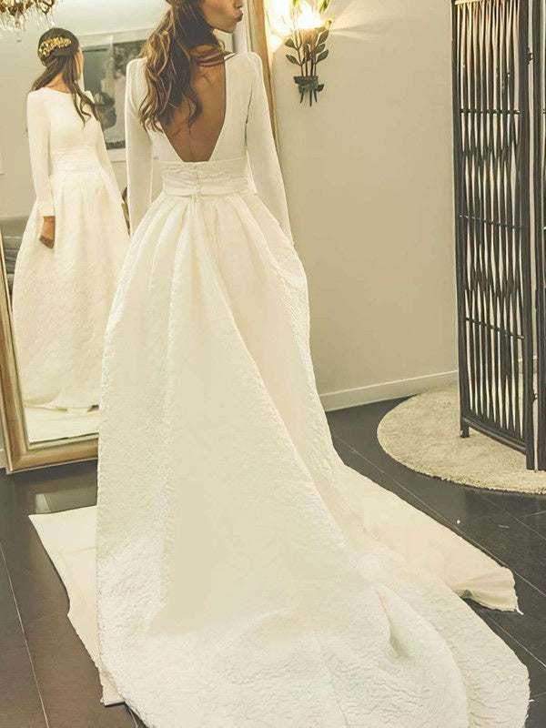 Chic Backless Long Sleeves Satin Chapel Train Wedding Dresses