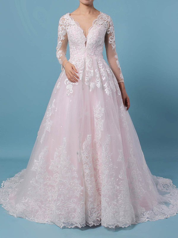 Elegant Ball Gown V-Neck Long Sleeves Tulle Sweep Train Wedding Dresses with Appliques