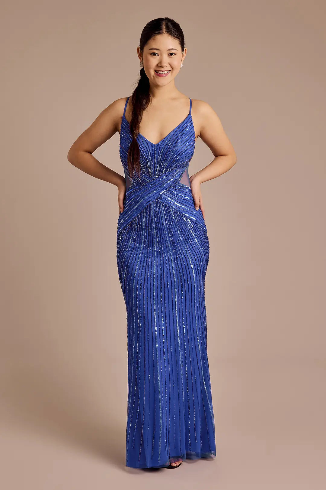 Sunburst Beaded Sheath Dress with Mesh Cutouts