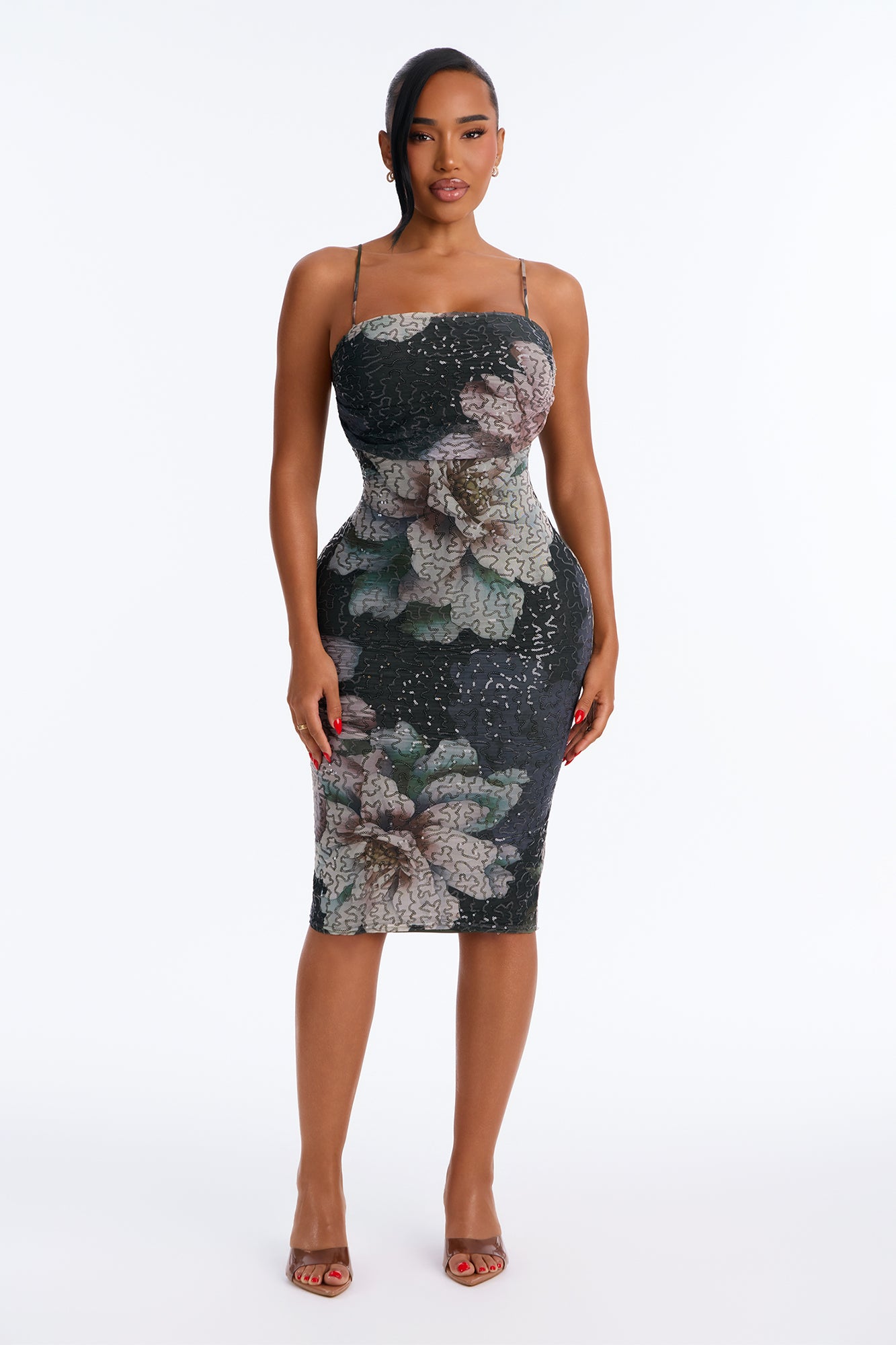 Olivia Sequin Mesh Midi Dress - Olive/combo