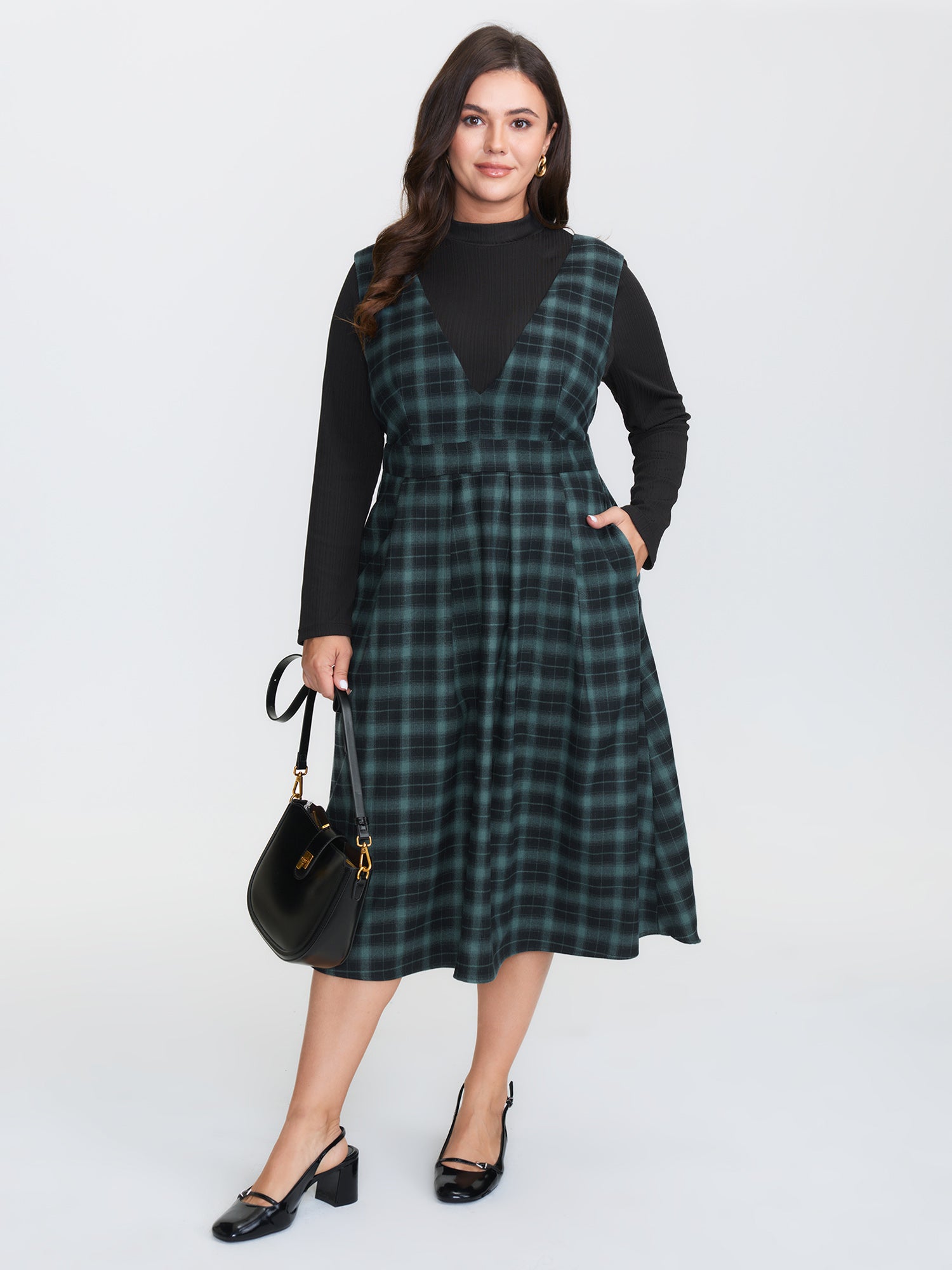 Retro Checkered Print V-Neck Overall Midi Dress