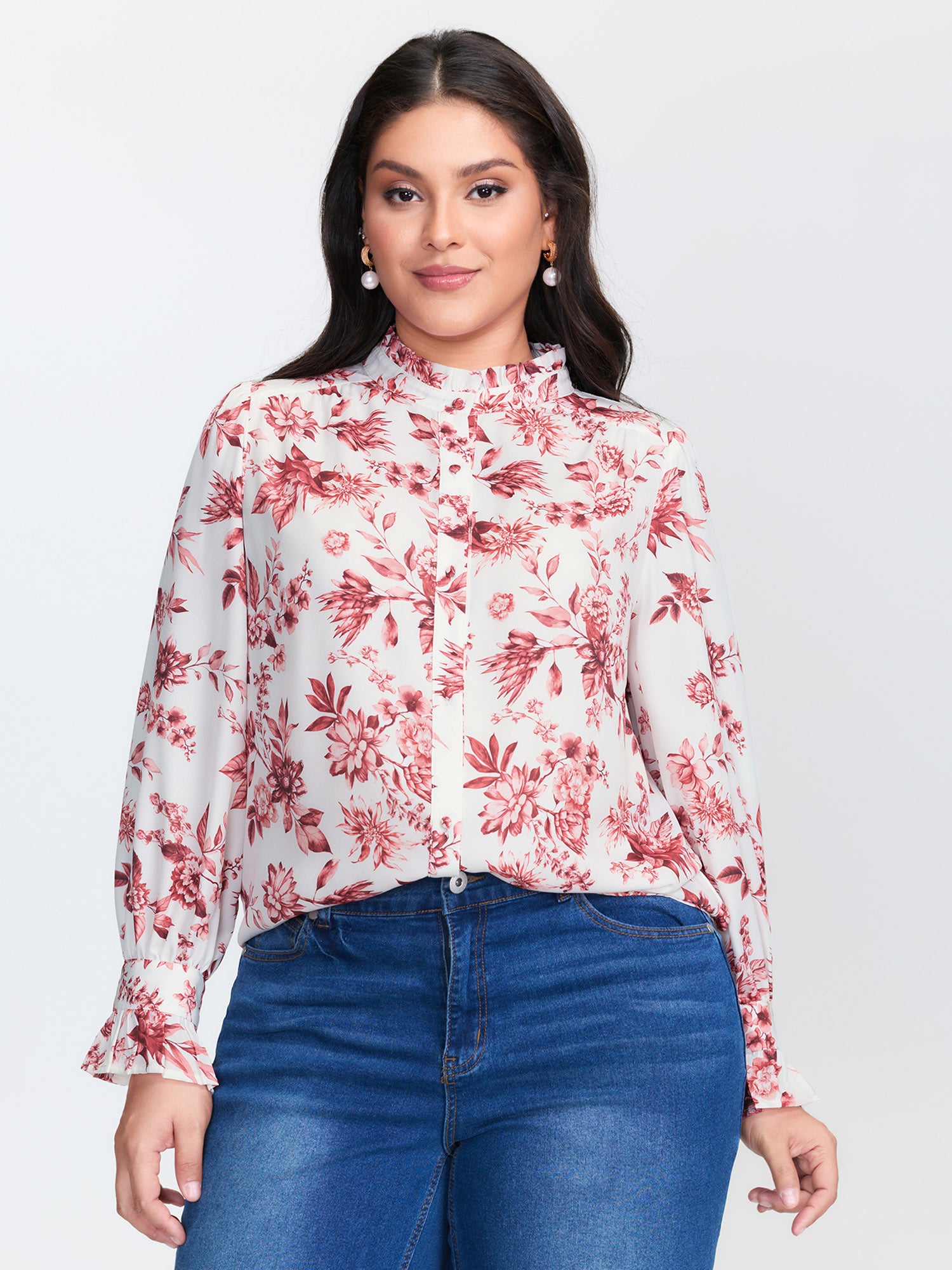Floral Print Ruffled Mock Neck Blouse