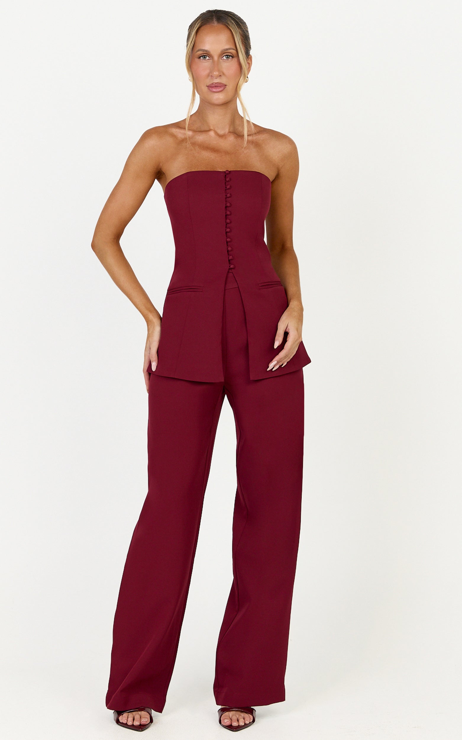 Amelia Two Piece Top and Pant Set - Strapless Button Down Top And Tailored Wide Leg Pants Set in Wine