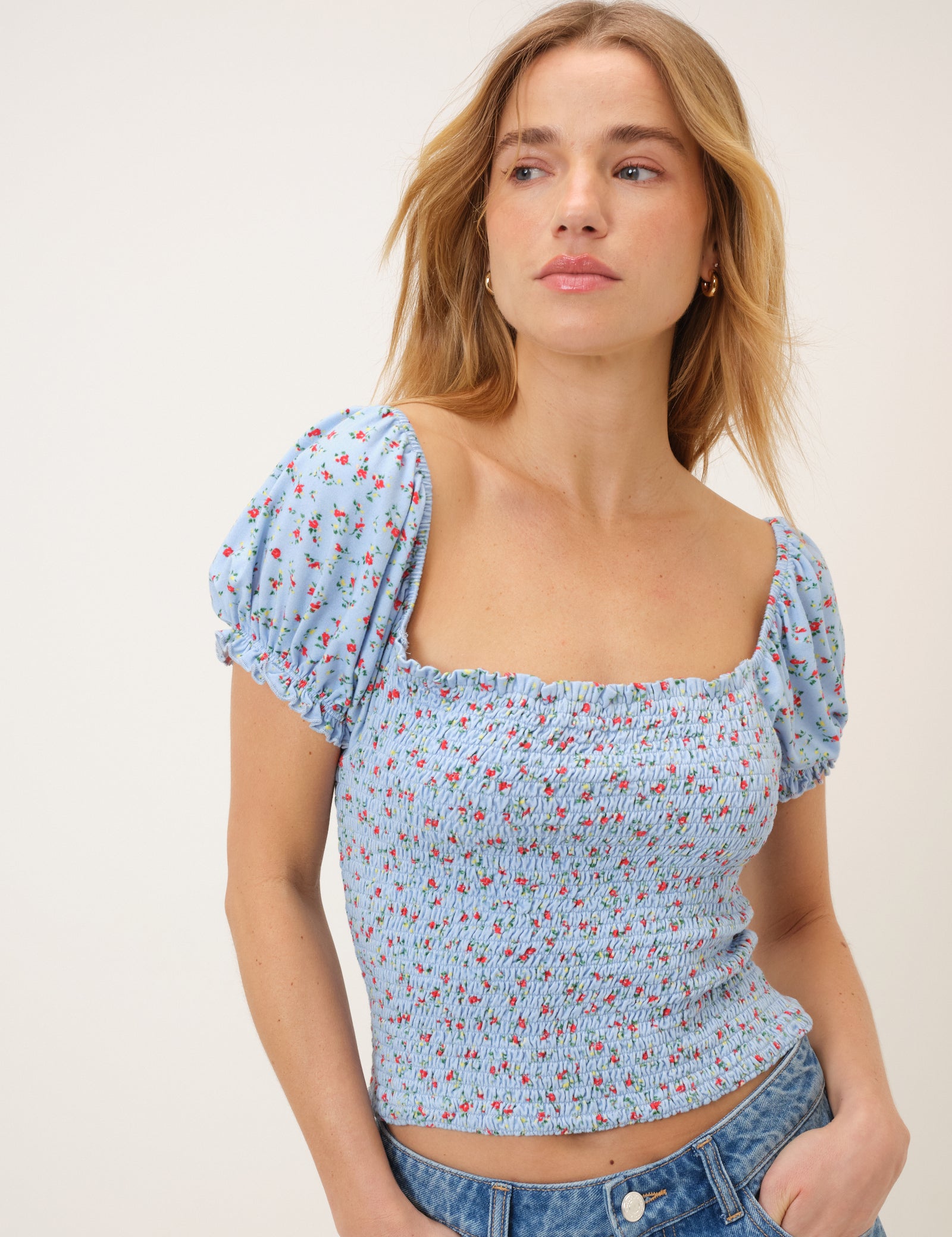 Blue Floral Shirred Square Neck Top