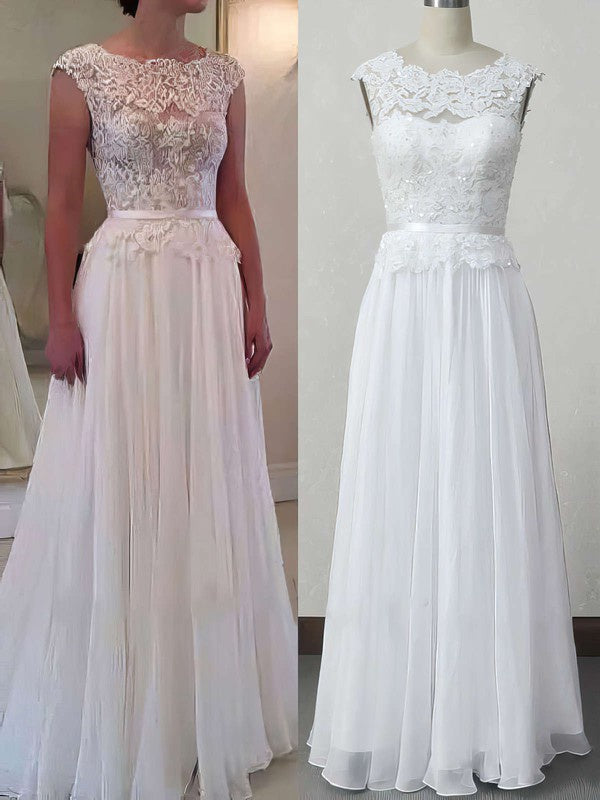 Charming A-Line Sleeveless Chiffon Lace Floor-Length Wedding Dresses with Sash