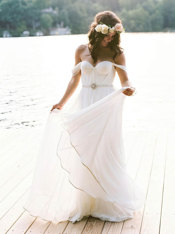 Gorgeous A-Line Off-The-Shoulder Sweetheart Chiffon Floor-Length Wedding Dresses with Sash