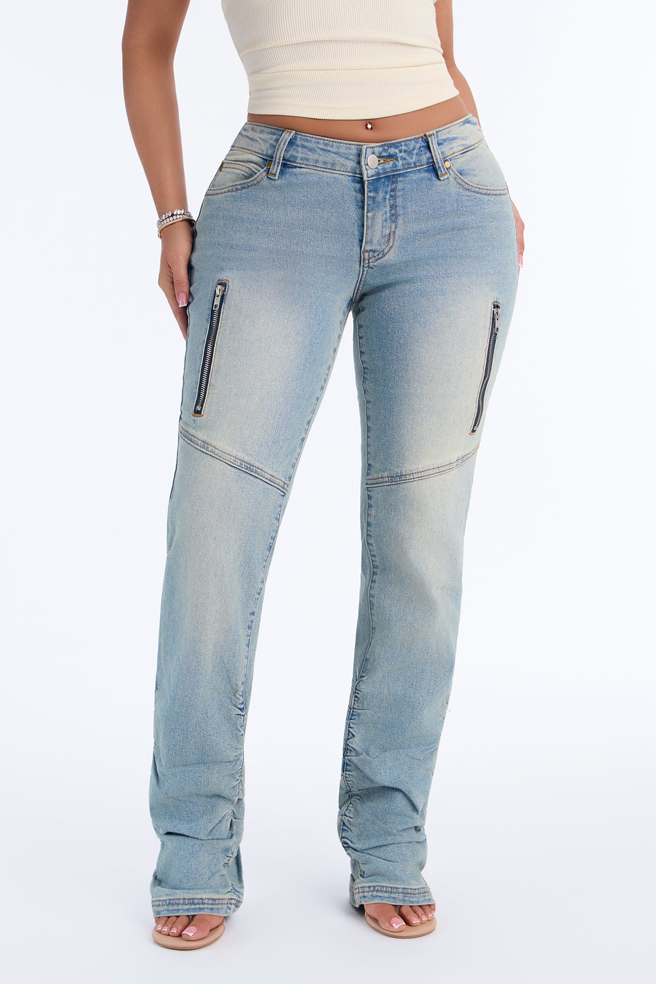 Bristol Back Dip Stretch Low Rise Moto Straight Leg Jeans - Light Wash