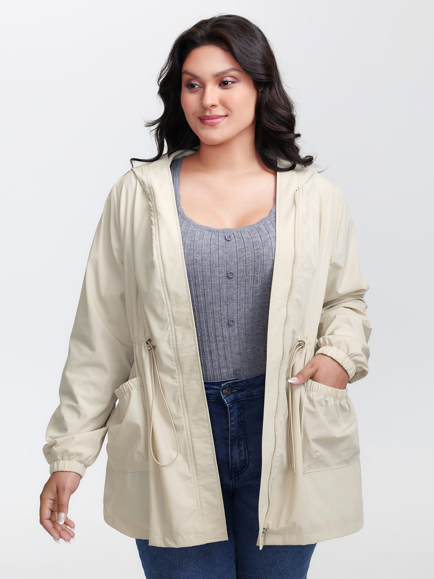Drawstring Waist Pockets Hooded Jacket