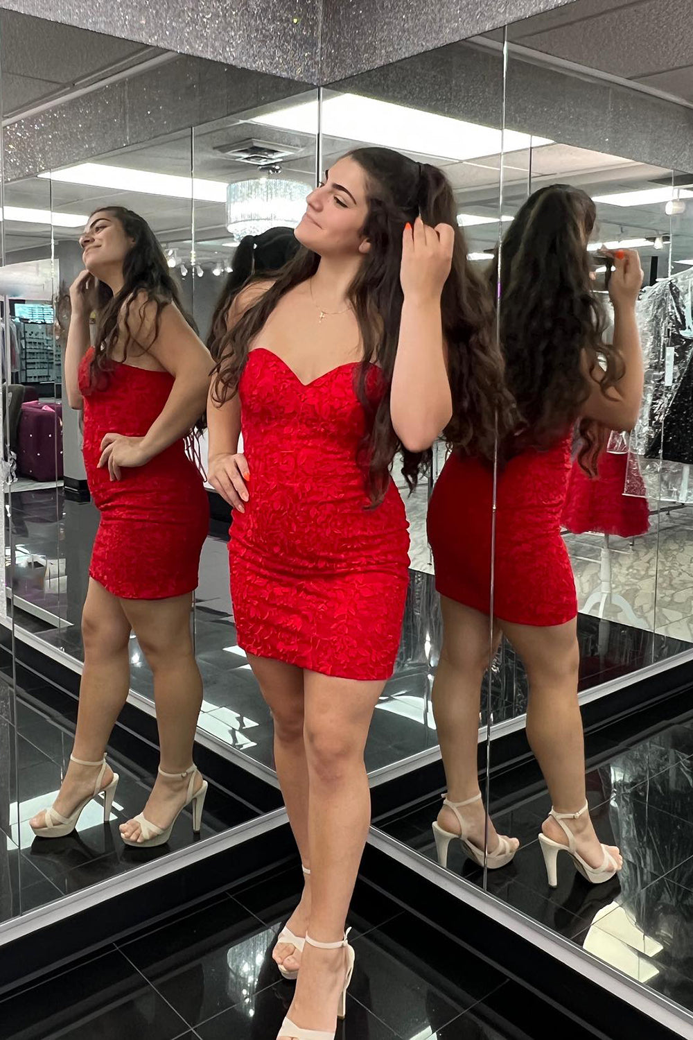 Red Strapless Tight Short Homecoming Dress/Mini Dress with Lace