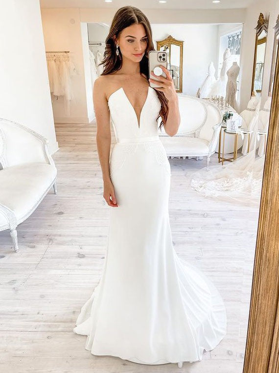 Glamorous Mermaid V-Neck Satin Sweep Train Wedding Dresses with Ribbon