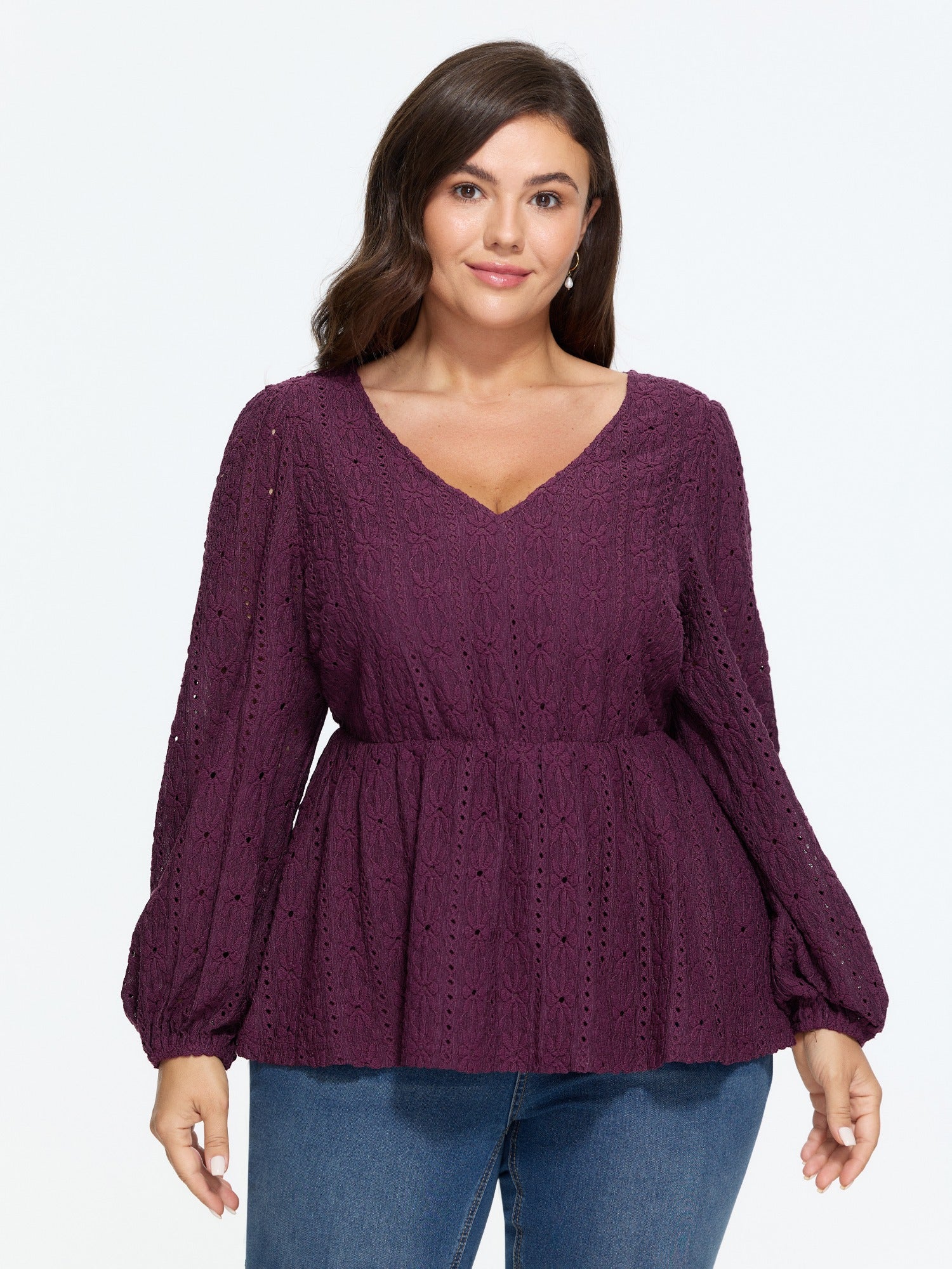 Textured Eyelet V‑Neck Peplum Blouse