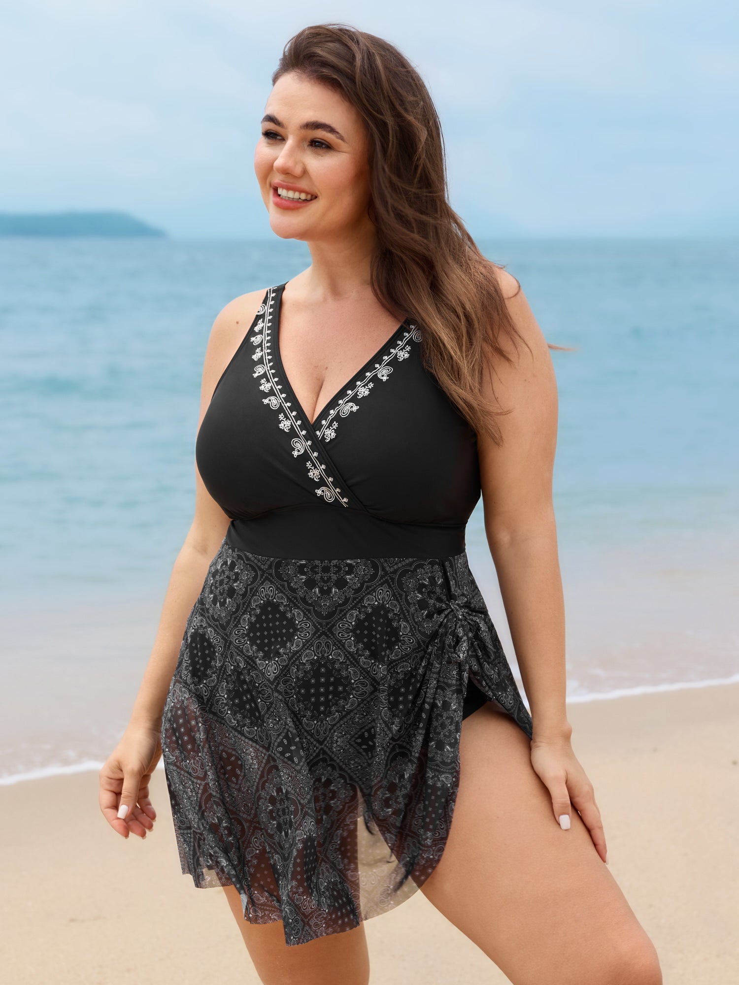 Geometric Print Embroidered Neckline Swim Dress