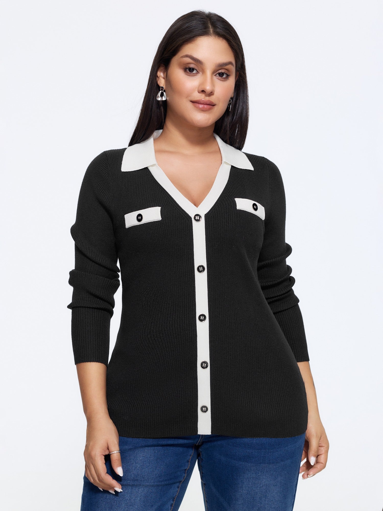 Contrast Collar Trim Button Front Pullover