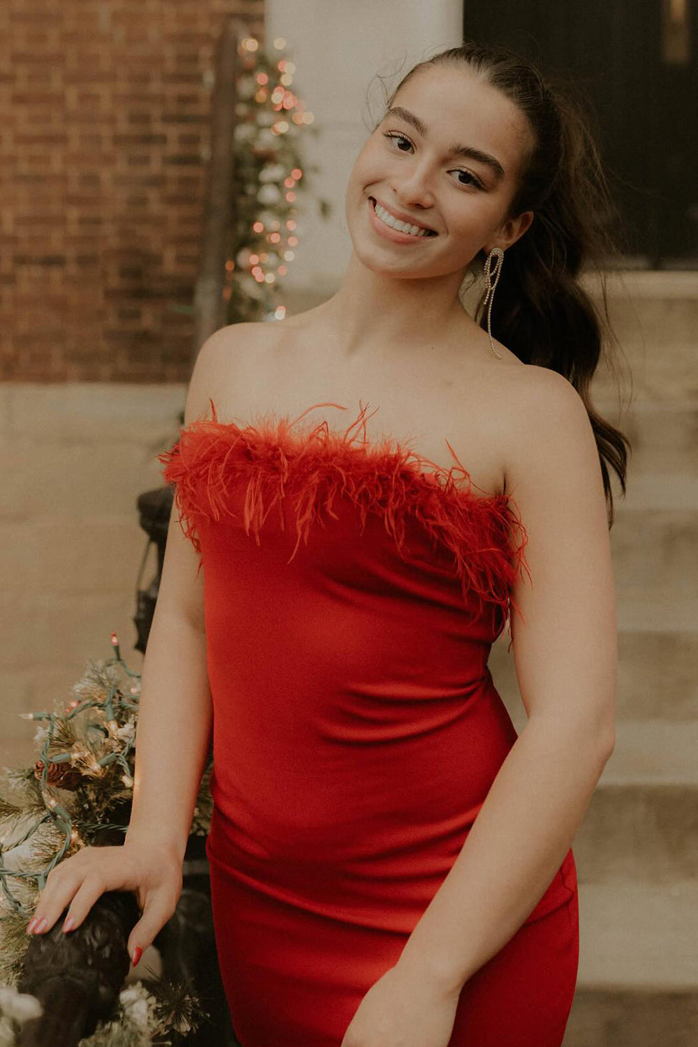 Red Satin Tight Short Homecoming Dress/Mini Dress with Feathers