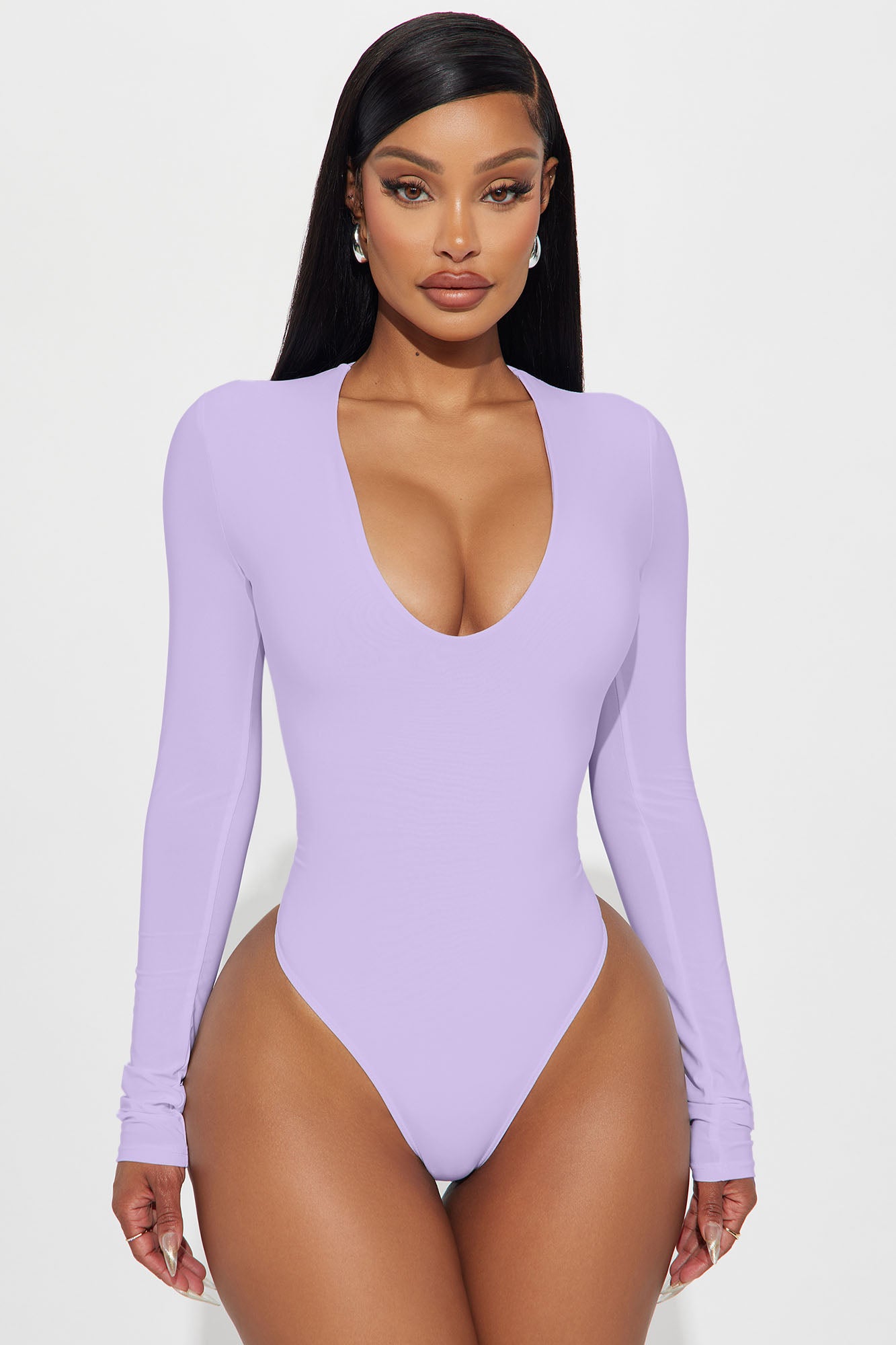 Take The Plunge Lined Long Sleeve Bodysuit - Lilac