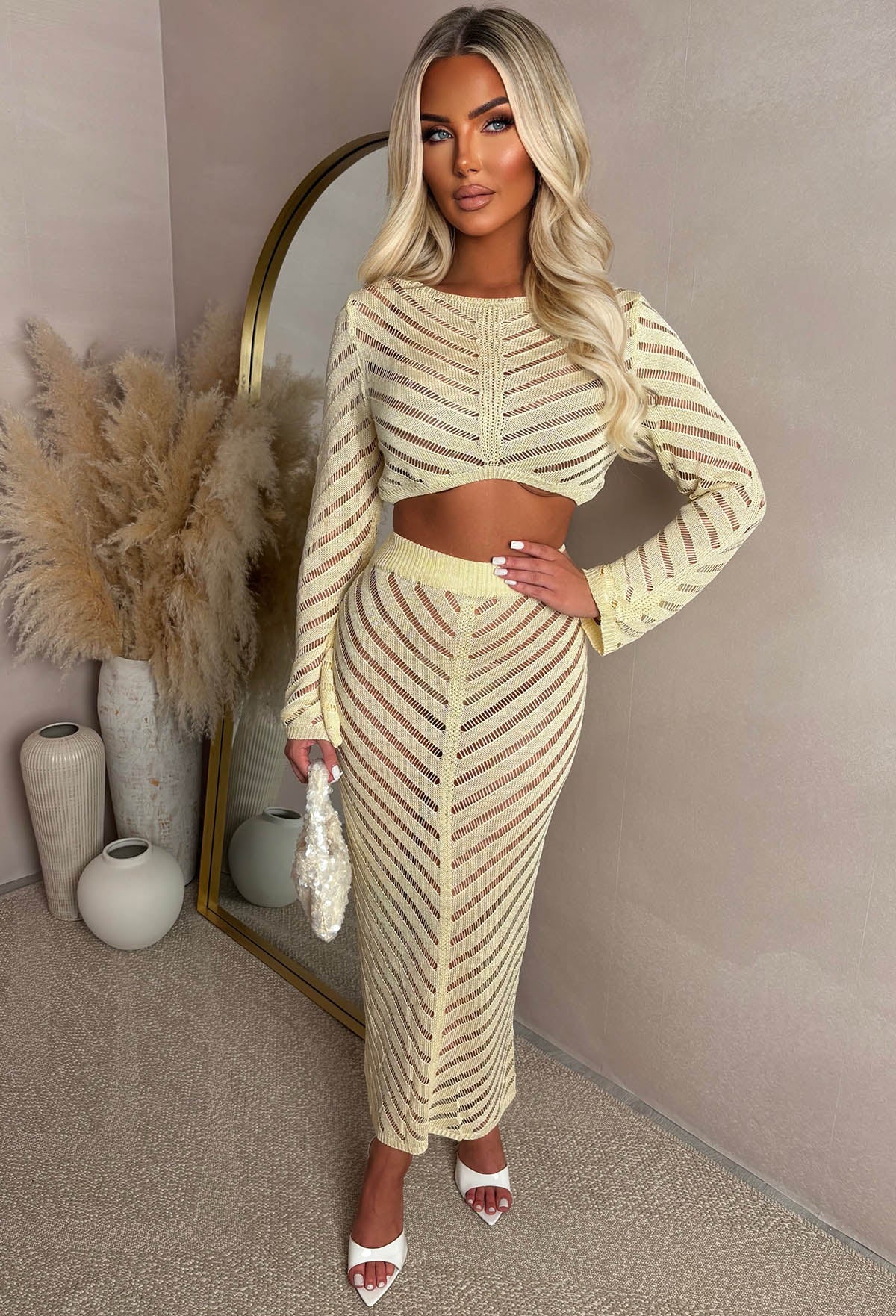 Summer Kisses Yellow Sheer Knit Midi Skirt Co-Ord Set