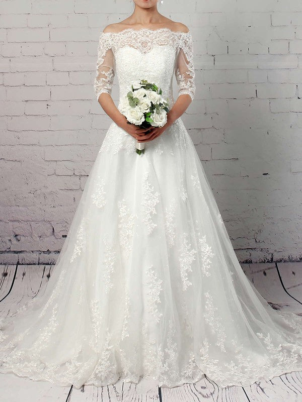 Elegant A-Line 3/4 Long Sleeves Ball Gown Off-The-Shoulder Tulle Wedding Dresses