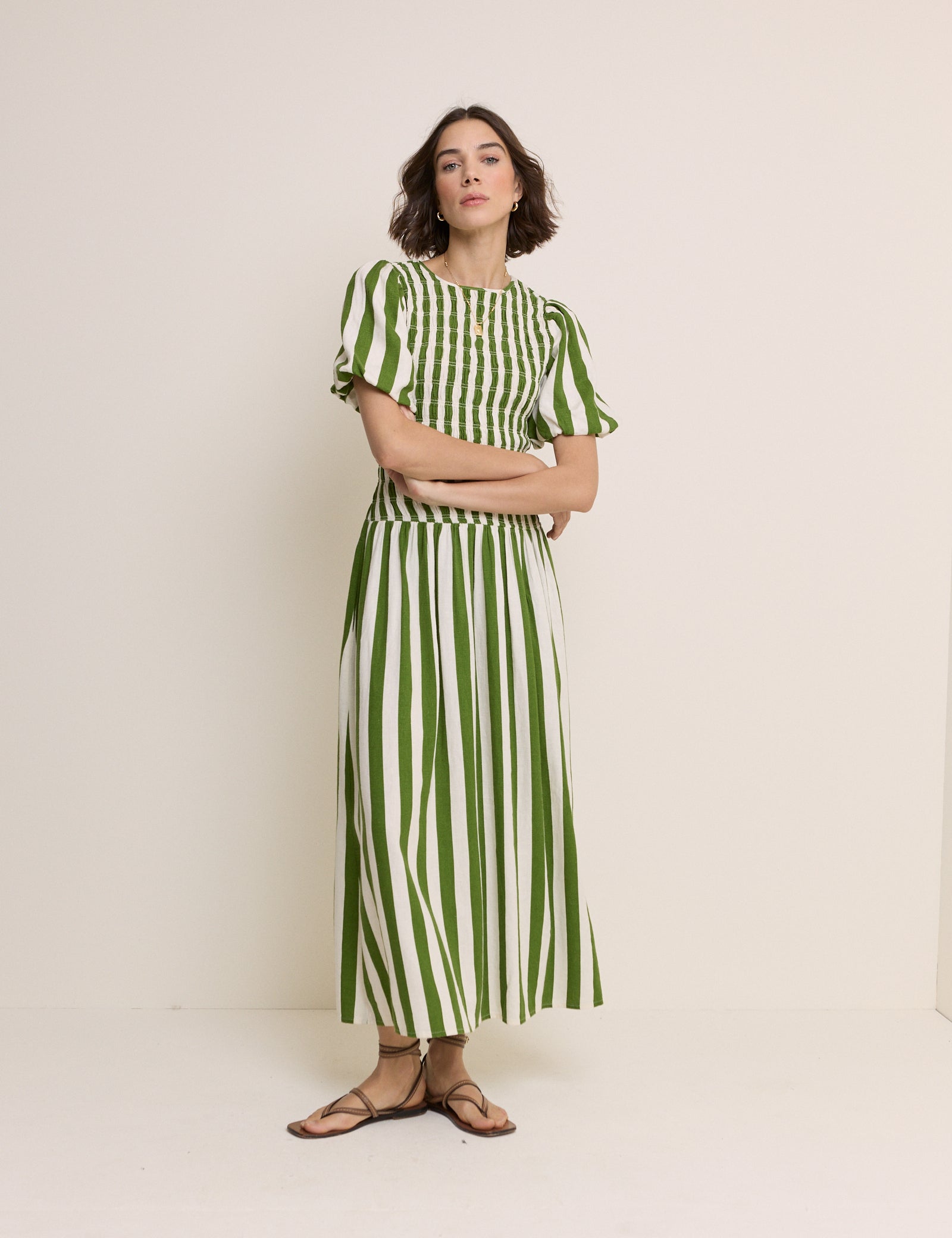 Green Striped Shirred Linen-Rich Amanda Midi Dress