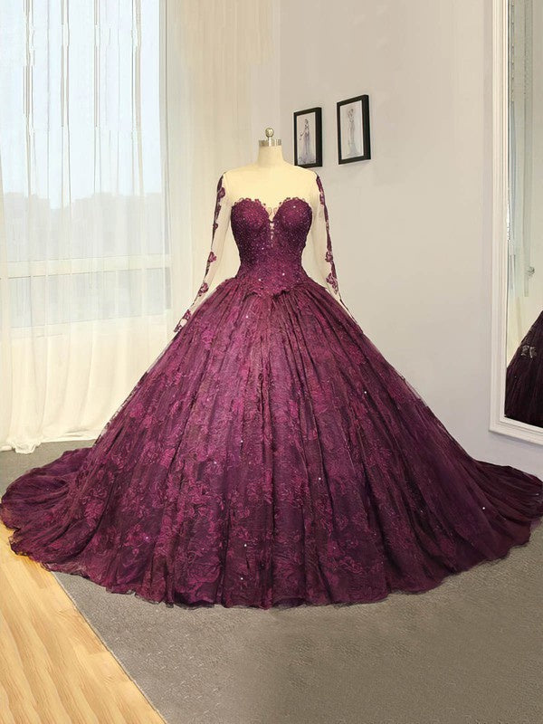 Luxurious Long Sleeves Lace Chapel Train Wedding Dresses with Beads