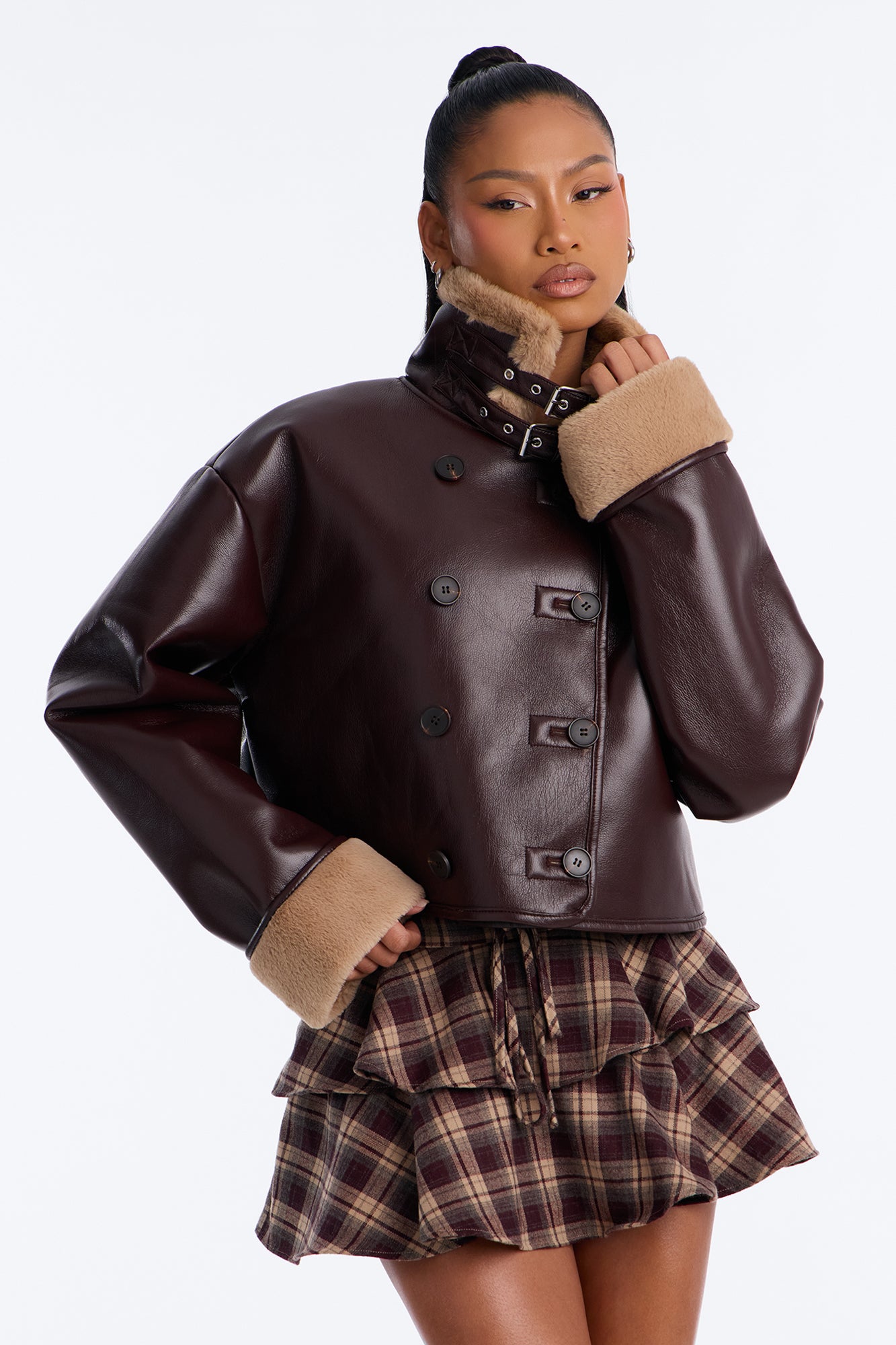 Keep It Cozy Fur Lined Funnel Neck Jacket - Chocolate