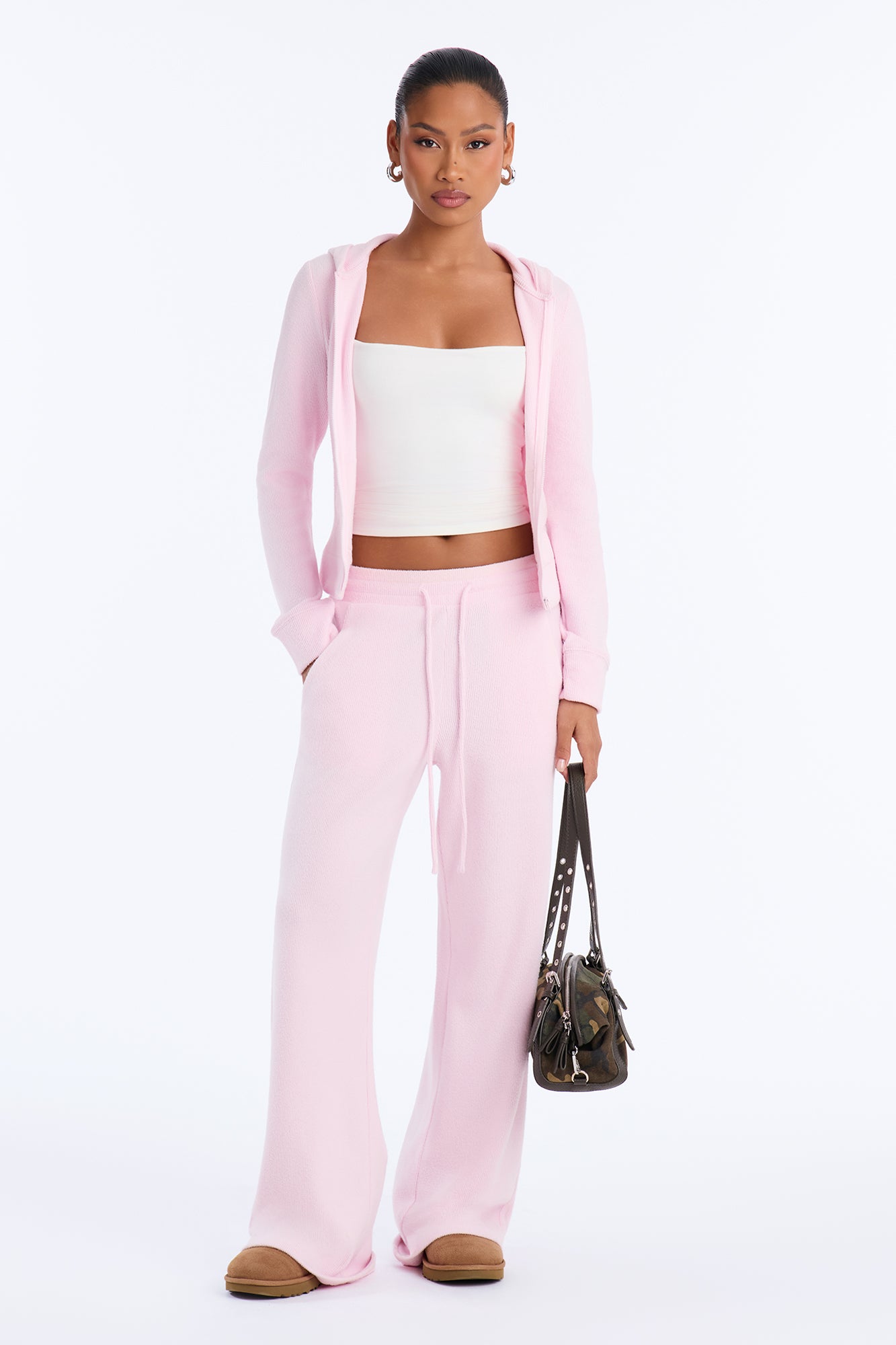 Taylor Zip Up Cozy Waffle Pant Set - Pink
