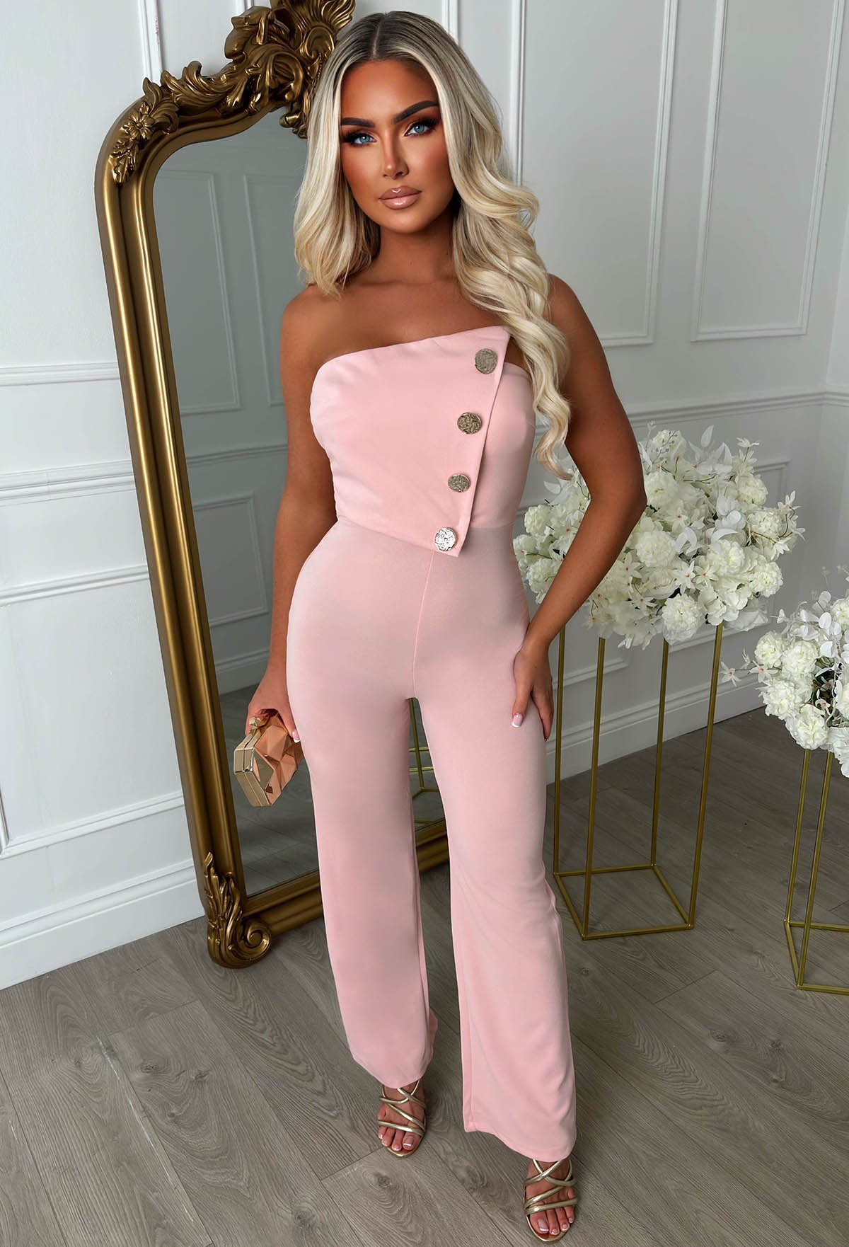 Slay Bae Pink Button Bandeau Jumpsuit