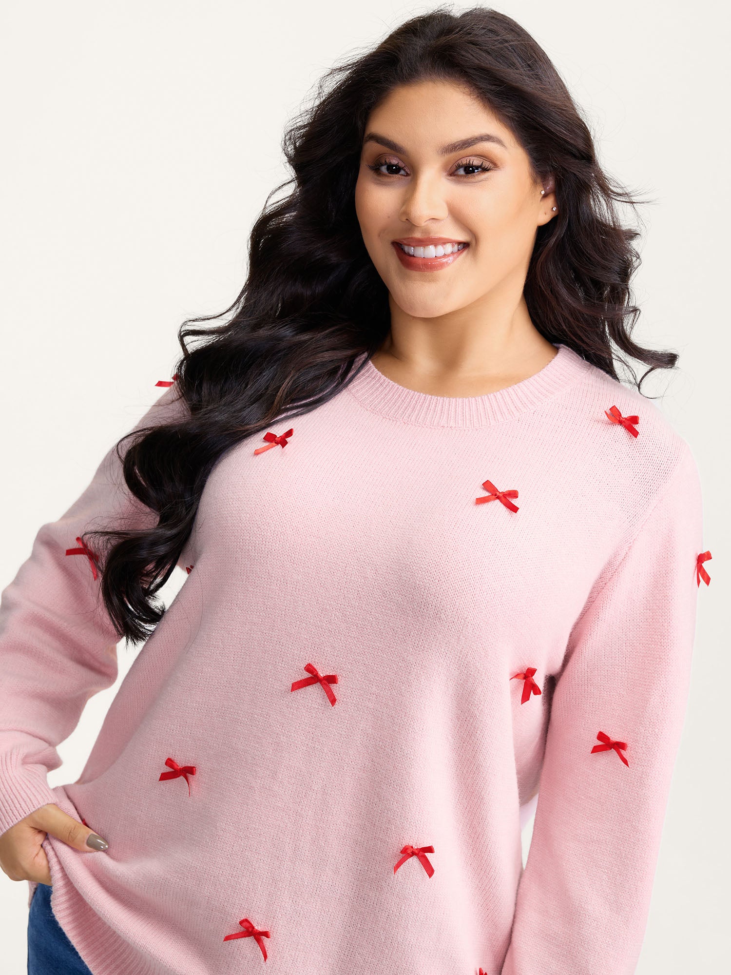 Bowknot Detail Ribbed Hem Pullover