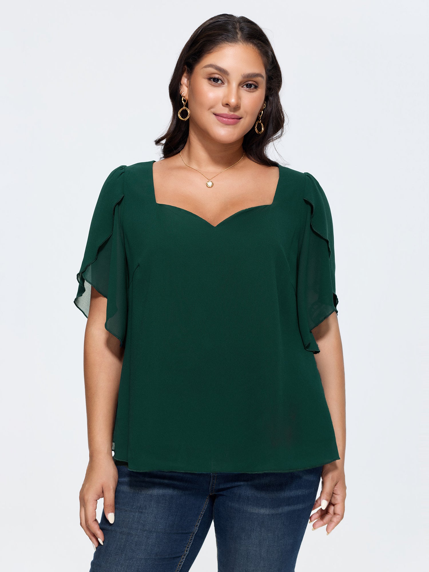 Petal Sleeve Sweetheart Neckline Blouse