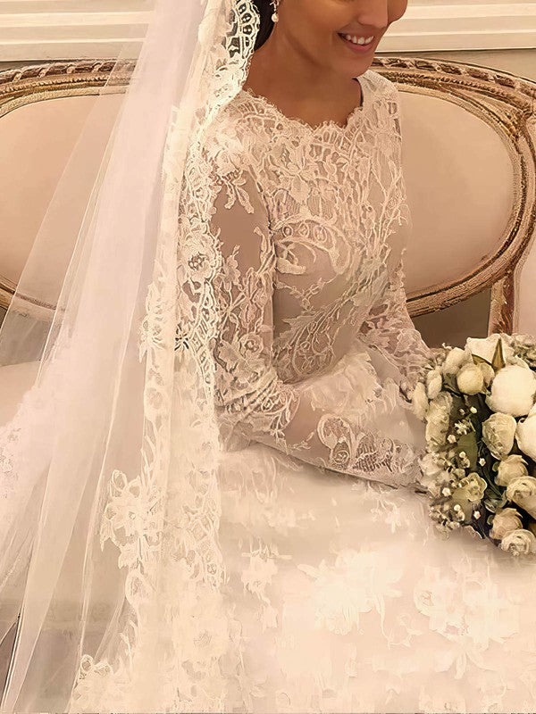 Charming Long Sleeves Crew A-Line Lace Court Train Wedding Dresses