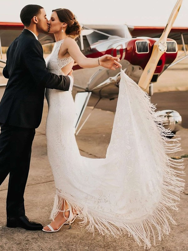 Gorgeous Lace Mermaid Jewel Neck Court Train Wedding Dresses