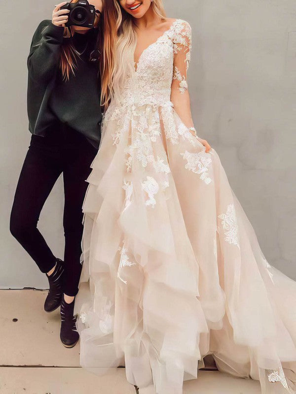 Exquisite Tiered V-Neck Long Sleeves Ball Gown Tulle Wedding Dresses