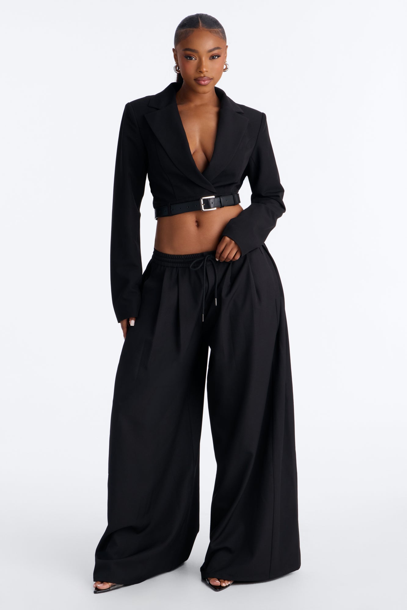 Heidi High Rise Wide Leg Pleated Drawstring Trouser - Black
