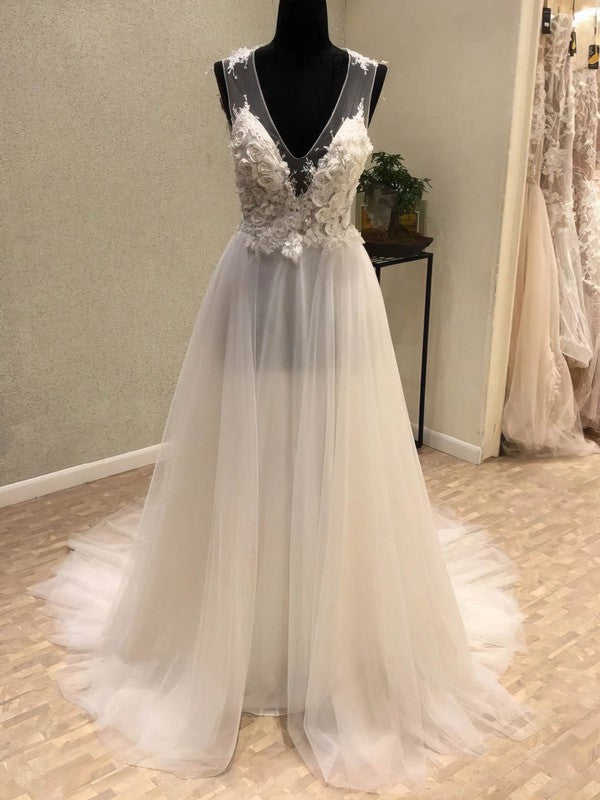 Beautiful A-Line V-Neck Sleeveless Tulle Sweep Train Wedding Dresses with Appliques