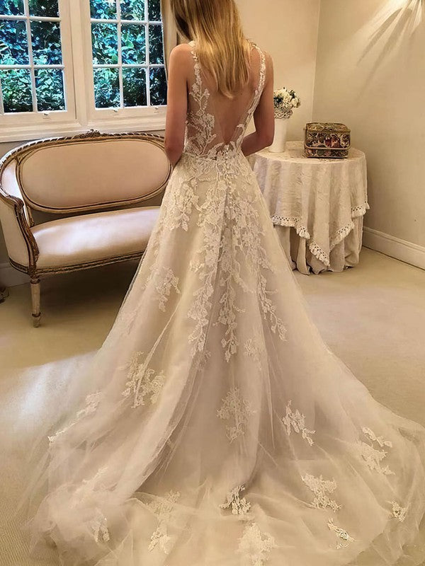 Chic V-Neck Sleeveless Backless A-Line Lace Wedding Dresses with Court Train