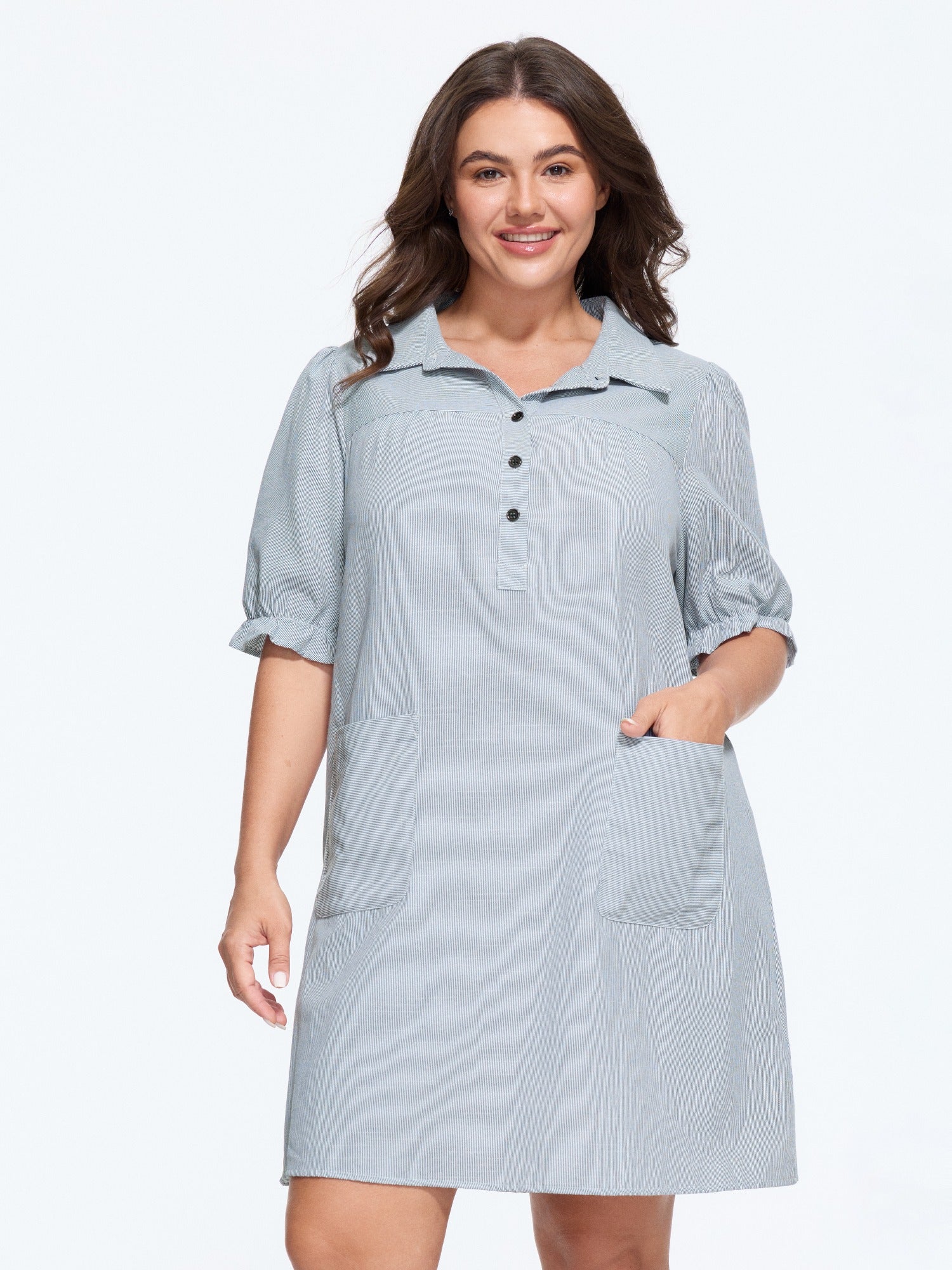 Striped Half‑Button Pocket Mini Dress