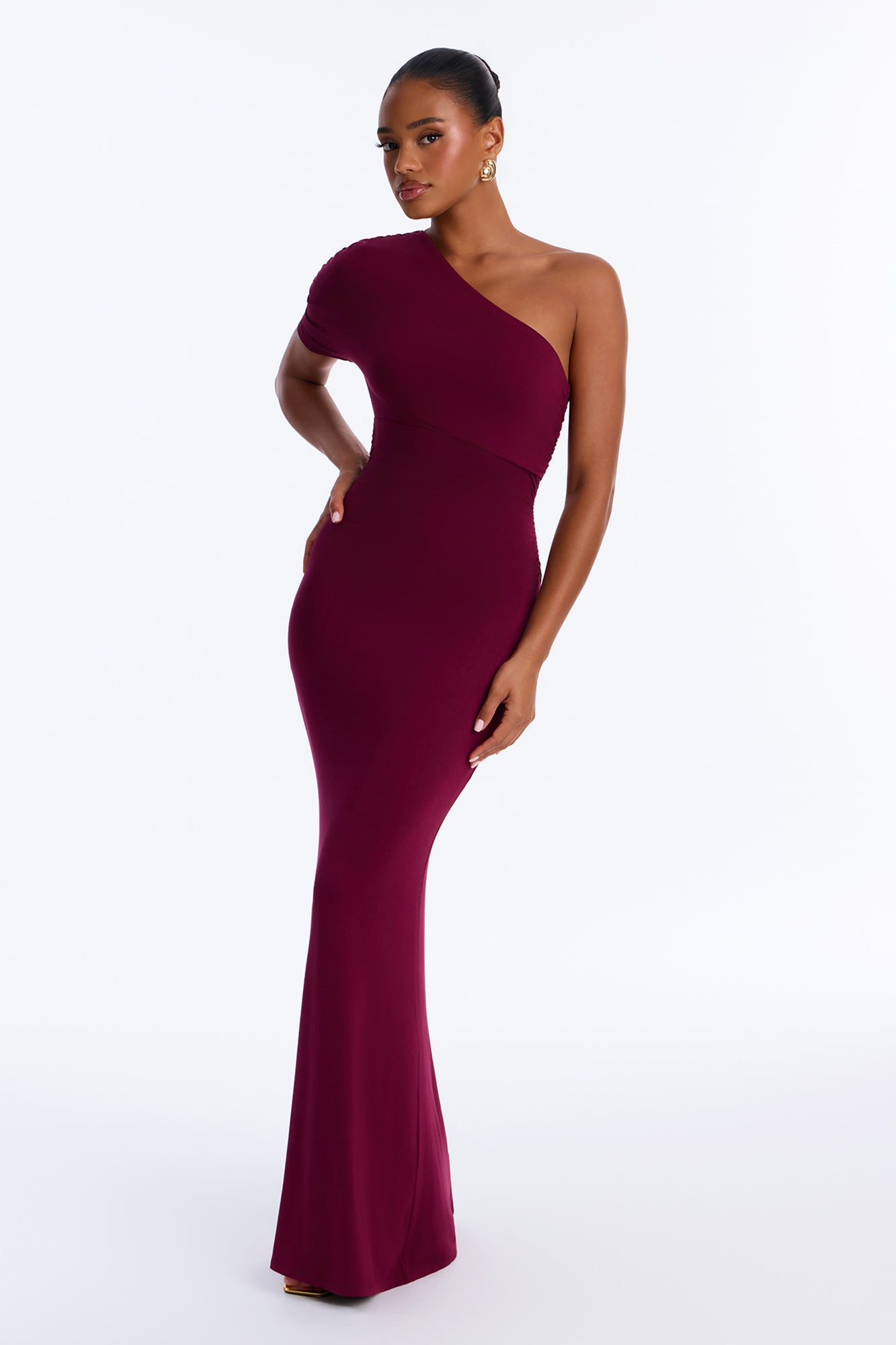 Paige One Shoulder Ruched Maxi Dress - Burgundy