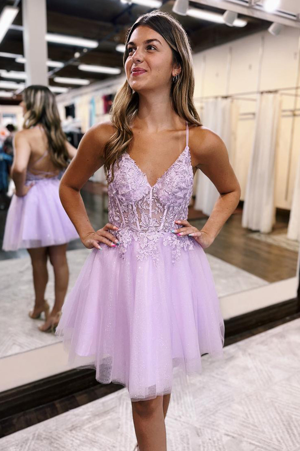 Glitter Lilac Corset A-Line Tulle Short Homecoming Dress/Mini Dress with Lace