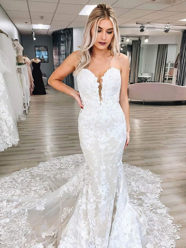 Elegant Trumpet Deep V-Neck Strapless Lace Chapel Train Wedding Dresses