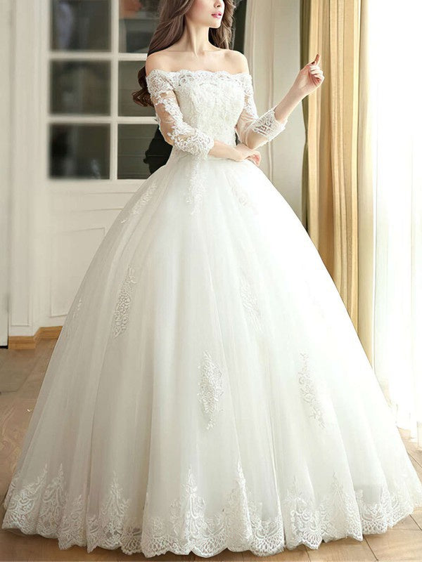 Elegant Floor-Length Off-The-Shoulde 3/4 Long Sleeves Ball Gown Lace Wedding Dresses with Appliques